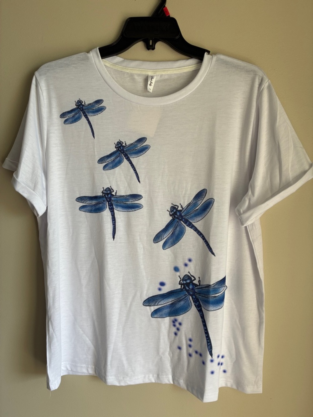 Women's White Short Sleeve Tee with Blue Dragonfly Print